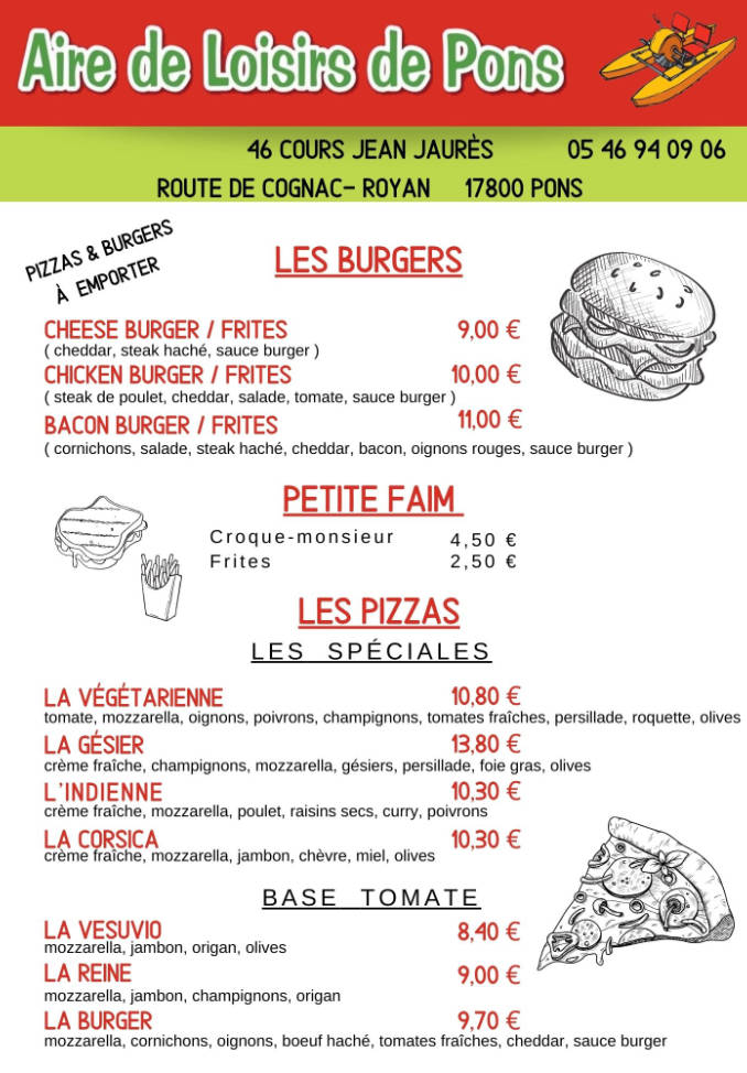 Carte et menus restaurant pizzeria Pons | Aire de Loisirs de Pons.